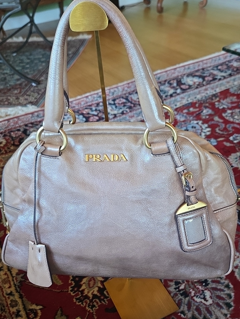 Prada Leather Top-Handle Shoulder Bag in Taupe with Gold Hardware ( Ombre)